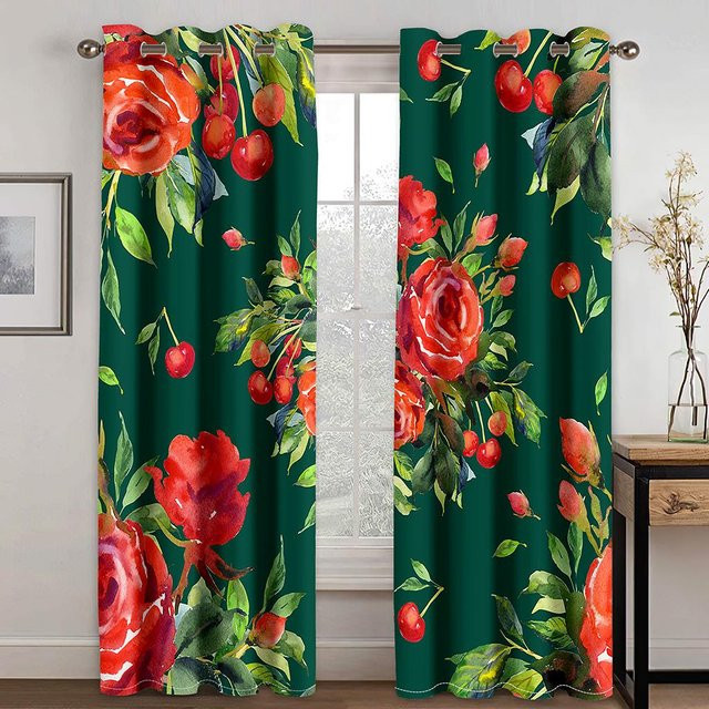 Stilvolle Fenstervorhänge mit scharlachrotem Rosenmuster in Rot und Multicolour, 2er-Set mit Ösen, B: 50 cm, H: 130 cm - Bild 1
