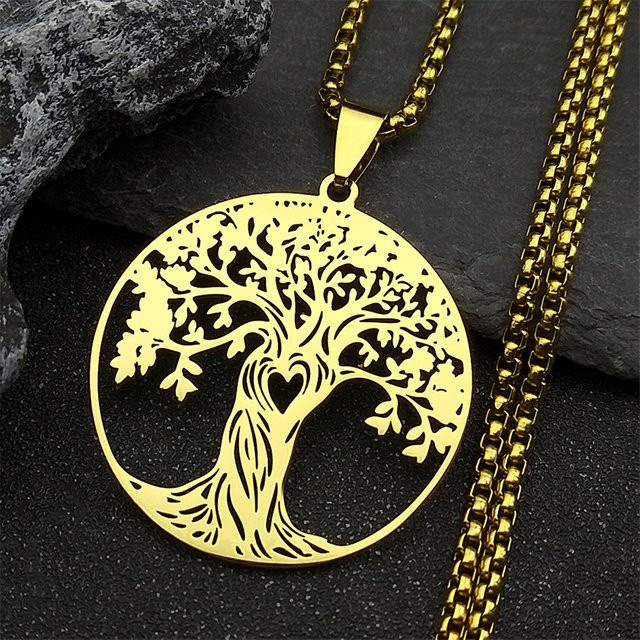 AFAWA Halskette Lebensbaum-Liebesherz, Edelstahl, Goldfarben, Unisex - Bild 1