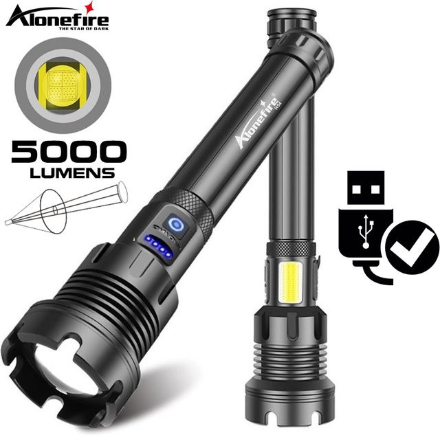 Alonefire XHP90 LED Hochleistungs-Taschenlampe mit Zoom und COB, 5000 Lumen, USB wiederaufladbar, Schwarz - Bild 1