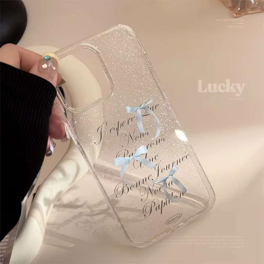 Transparente Koreanische Glitzer-Handyhülle mit Schleifenmuster und englischen Buchstaben für Apple iPhone 17 Air 16 15 14 13 12 11 Pro Max – Stoßfeste weiche Schutzhülle - Bild 2