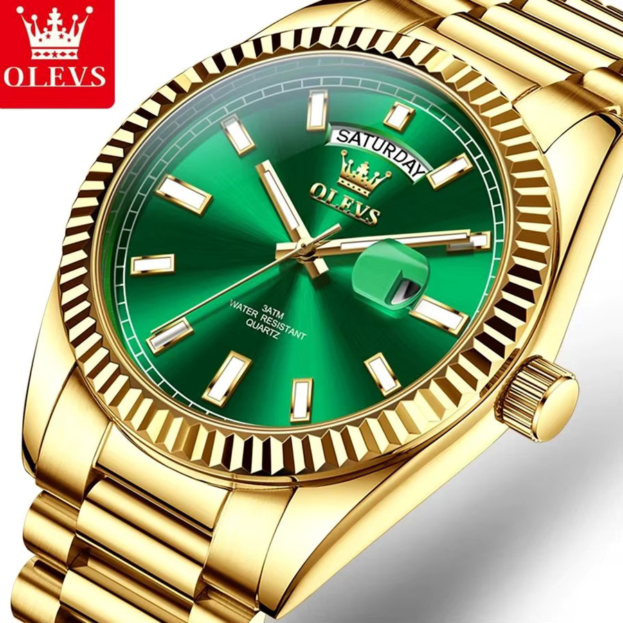 OLEVS Armbanduhr Quarz, Edelstahl, Gold, Grün, Herren - Bild 2