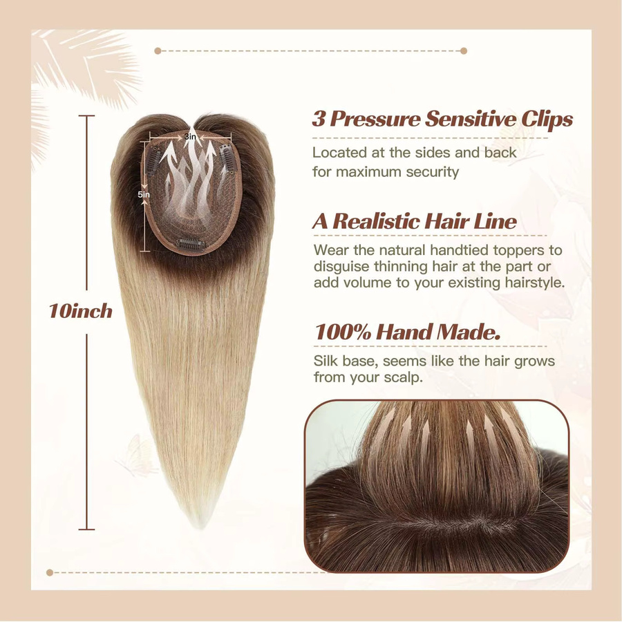 HAIRCUBE Echthaar Topper Perücke mit Pony, Ombre Braun Blonde, 14 Zoll, Damen - Bild 2