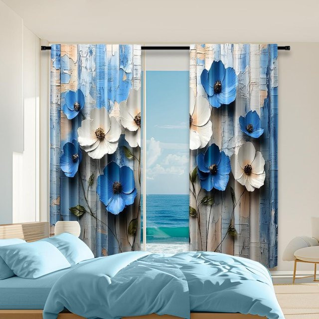 Tonnika Chen Transparente Polyester Vorhänge mit floralem Muster in Blau und Weiß, Set aus 2 Stück, Breite: 100 cm, Höhe: 70 cm - Bild 1