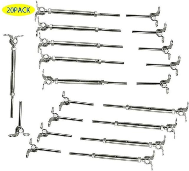 Binchi Outdoor Equipment Kabelgeländer-Set aus T316 Edelstahl in Grau, 10 Paar (20 Stück) mit 1/8 Zoll Easy System und 180 Grad Winkeln für Holzpfosten zur Montage an Treppen und Decks - Bild 1