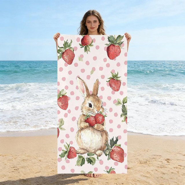 JMG Household Supplies Strandtuch Erdbeer-Hase in Pink, schnelltrocknend und super saugfähig, B/B: 70 x 140 cm - Bild 1