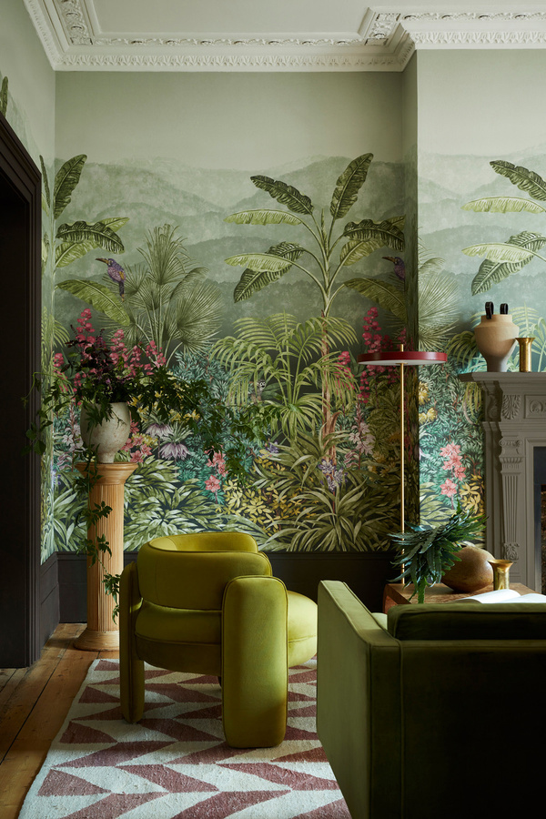 Little Greene Mural Capricorn - Boringdon Wandtapete im Vintage-Stil, grün/mehrfarbig, florales Design aus Vlies - Bild 1