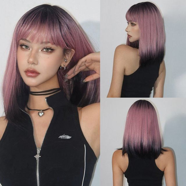 HAIRCUBE Perücke, kurzer Bob mit Pony, rosa-schwarz Ombre, Damen - Bild 1