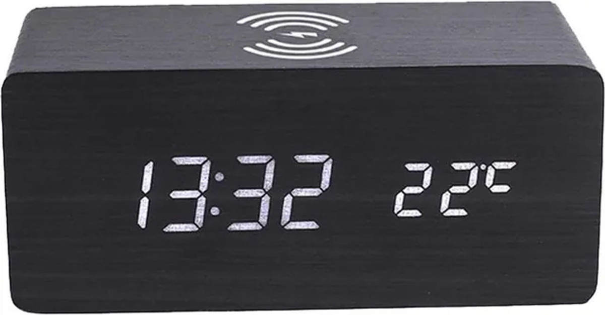 TOMTOP JMS Digitaler Holz-Wecker mit LED-Anzeige, 10W Wireless Charging, Thermometer und Datumsanzeige, Schwarz - Bild 1