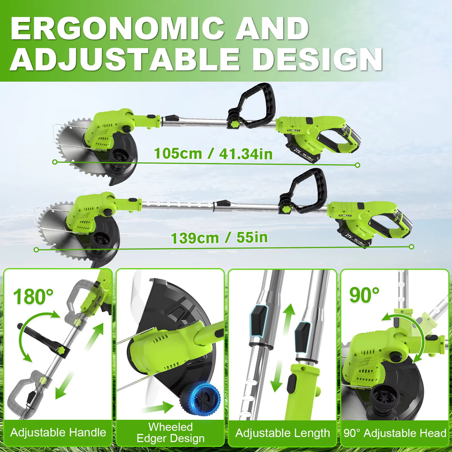 VOERJIA Akku-Rasentrimmer 21V mit 850W, 24000 U/min, LCD-Batterieanzeige und 2x 2,0Ah Akkus in Grün - Bild 3