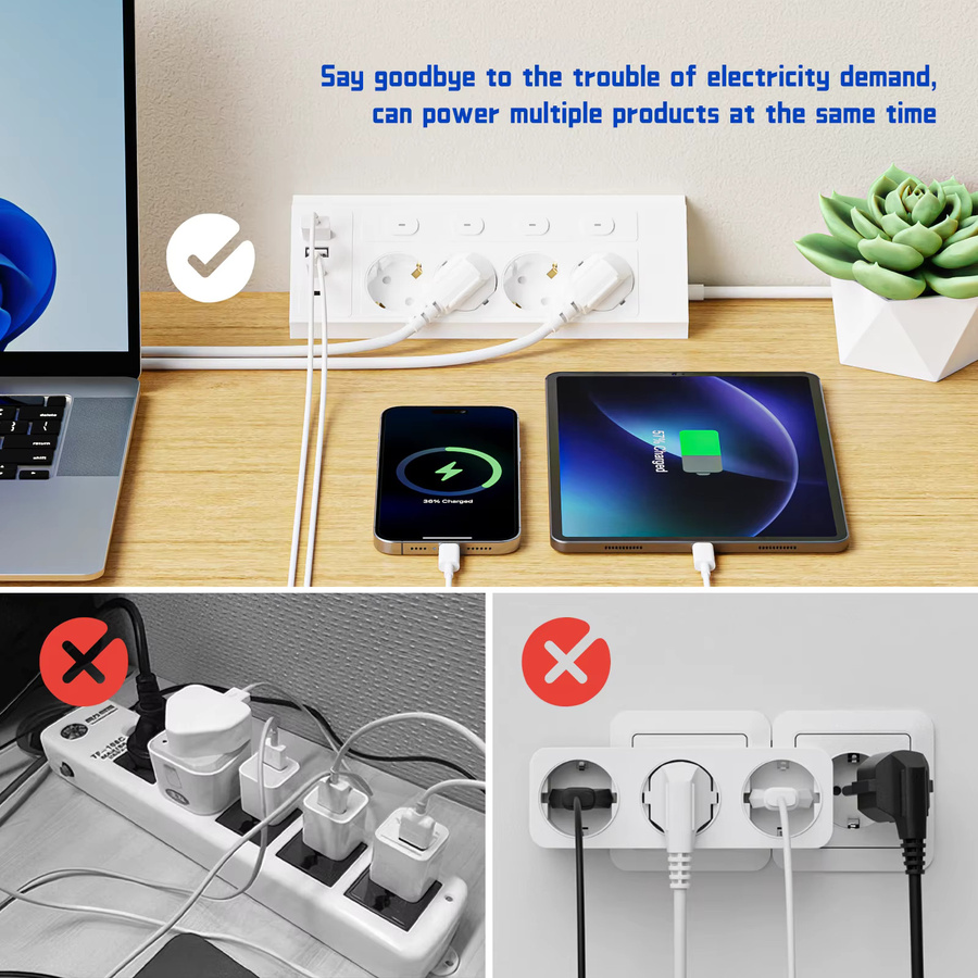Guwansenen 8-in-1 EU-Steckdosenleiste mit 4 Schaltern, 4 AC-Steckdosen und 2 USB-C-Anschlüssen, 1,5 Meter Verlängerungskabel, Eck-Design - Bild 3