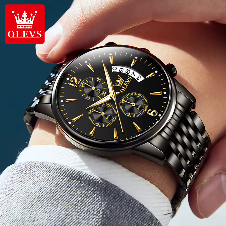OLEVS Chronograph, Edelstahl, Quarz, Schwarz, Herren - Bild 3