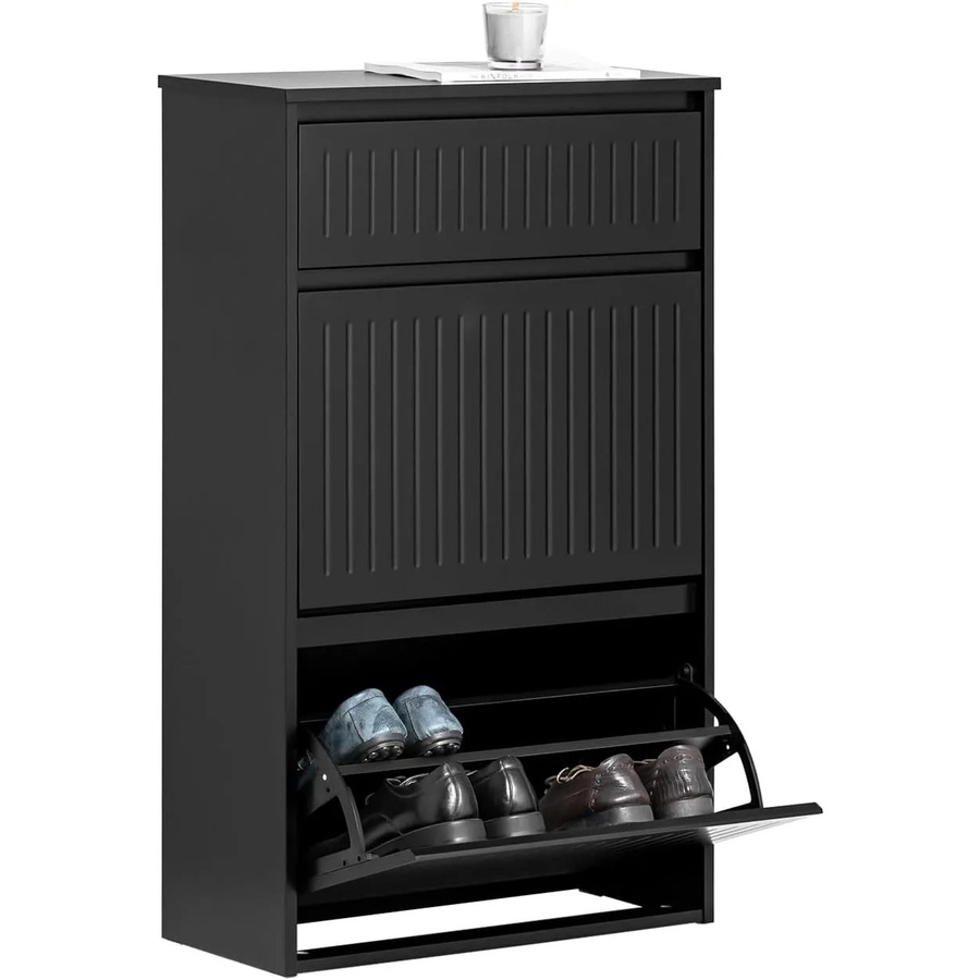 SoBuy Schuhschrank FSR165-SCH in Schwarz mit 2 Klappen und 1 Schublade, B/H/T: 61 x 100 x 26 cm - Bild 2