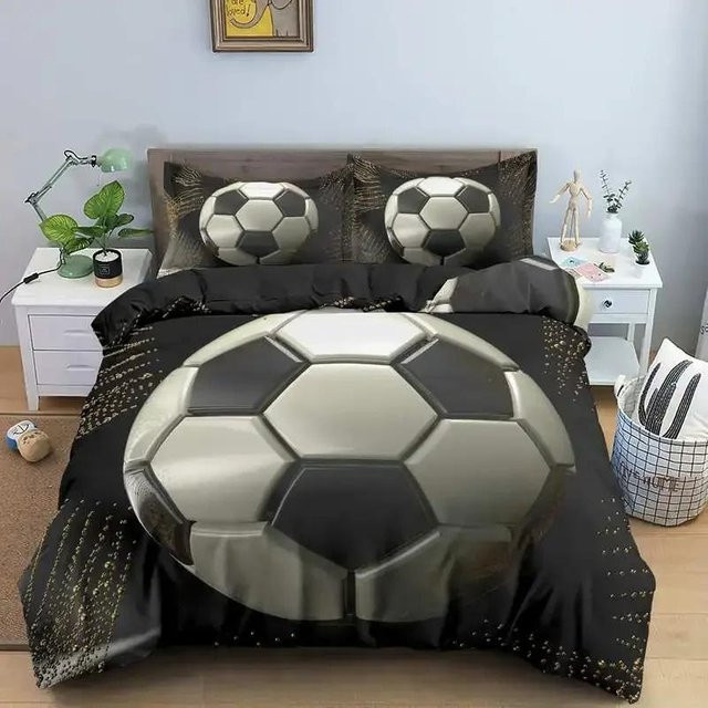 3D Fußball Bettwäsche Set aus Polyester mit Bettbezug und Kissenbezügen in Schwarz, B/T: 200 x 200 cm - Bild 1