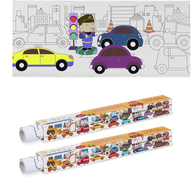 Relaxdays 2er Set Ausmaltischdecke aus Papier mit Fahrzeug-Motiven in Weiß, 3 m - Bild 1