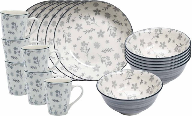 Ritzenhoff & Breker Frühstücks-Set Sendai Blume aus Porzellan, 18er Set, Grau-Weiß, Floral - Bild 1