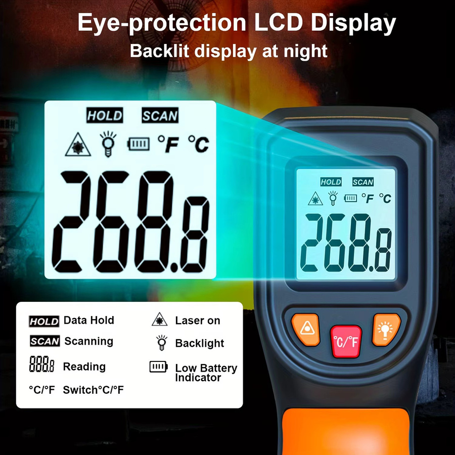 Njty T600 T600A Infrarot-Thermometer Laser-Temperaturpistole Digitales Pyrometer mit LCD-Anzeige in Orange - Bild 3