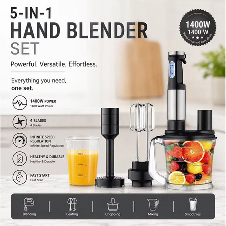 Jianyana 5-in-1 Stabmixer 1400W in Schwarz mit 304 Edelstahlklingen für Smoothies, Pürees und Babynahrung