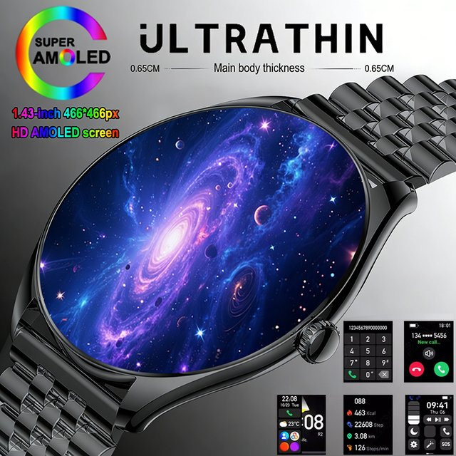 BOXUXING Smartwatch für Herren in Schwarz mit AMOLED 3D-Runddisplay, Edelstahlarmband, Herzfrequenzmessung, Bluetooth-Anruffunktion und wasserdichtem Design - Bild 1