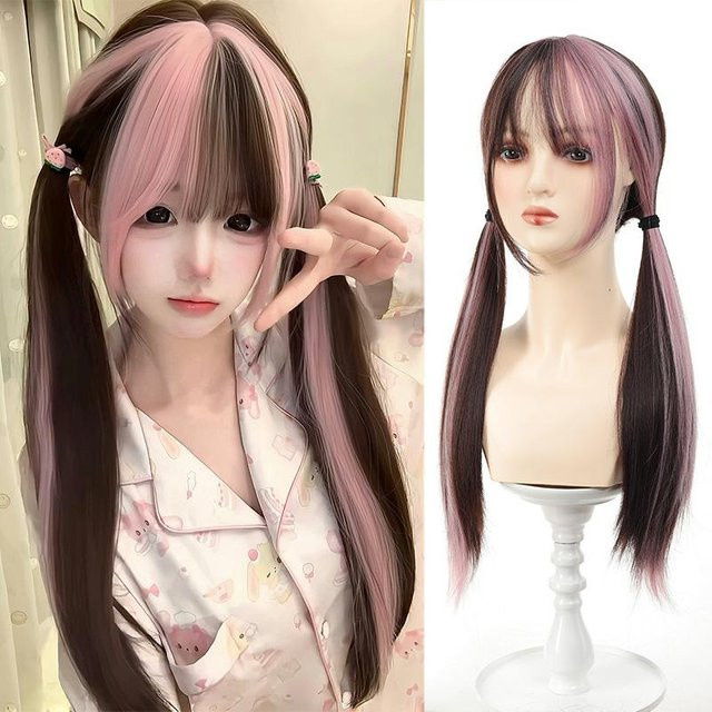 Japanische Zwillingszopf-Vollkopf-Perücke, schwarz/rosa Highlights, Unisex - Bild 1