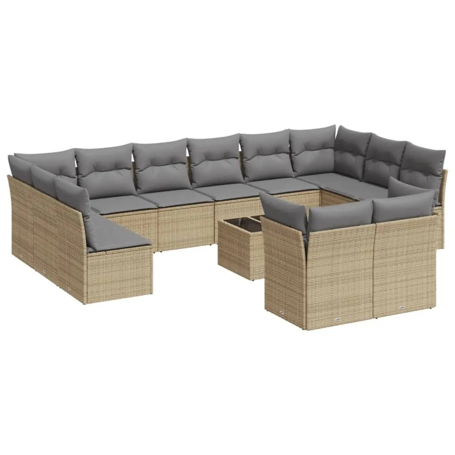 vidaXL 13-teilige Garten-Sofagarnitur aus Poly-Rattan in Beige-Grau mit Kissen und Tisch in U-Form - Bild 2