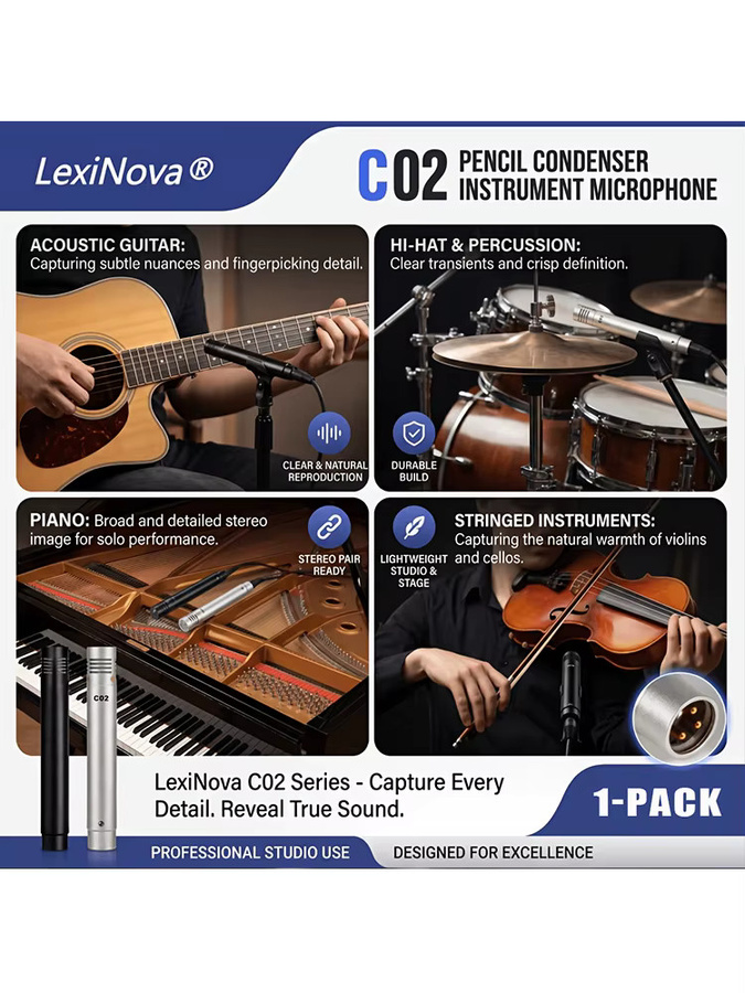 LexiNova C02 Kondensator-Stiftmikrofon mit kleiner Membran in Silber für Gitarre, Klavier, Violine und Saxophon in Studio und Bühne - Bild 7