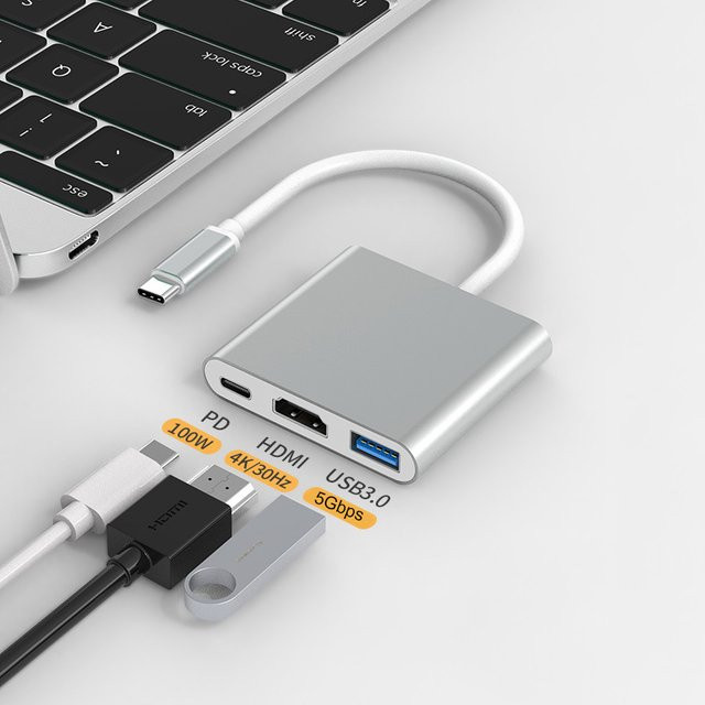 EXSKOF USB-C Hub Typ-C zu HDMI Adapter in Silber mit 4K UHD, PD 100W Power Delivery sowie SD und TF Kartenleser und USB 3.0 Anschlüssen für MacBook, iPad Pro, Air und Huawei - Bild 1