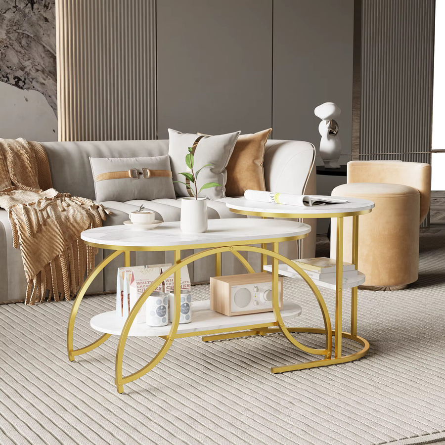 Rosahqnda Couchtisch-Set, 2-teilig, moderner 2-in-1 Sofatisch im Marmor-Look mit Stauraum, weiß und silber - Bild 1