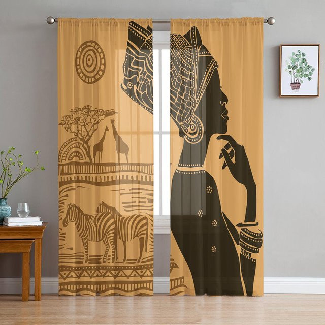 Transparente Voile-Vorhänge mit afrikanischem Frauen- und Tiermotiv in Beige, Breite: 135 cm, Höhe: 115 cm - Bild 1