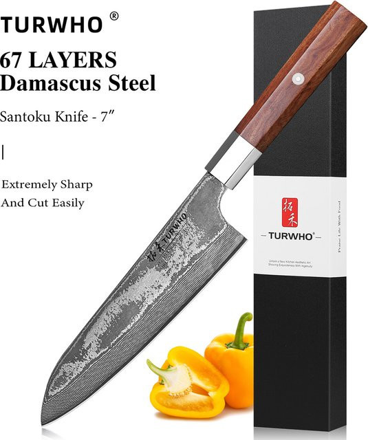 TURWHO Santoku Küchenmesser aus 67-lagigem Damaststahl, 17,78 cm handgeschmiedetes Kochmesser mit Holzgriff - Bild 1