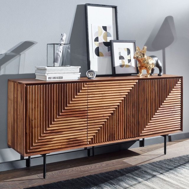 Finebuy Sideboard aus Massivholz Sheesham in Braun mit 3 Türen und schwarzen Metallakzenten im Retro Design, Breite: 150 cm - Bild 1