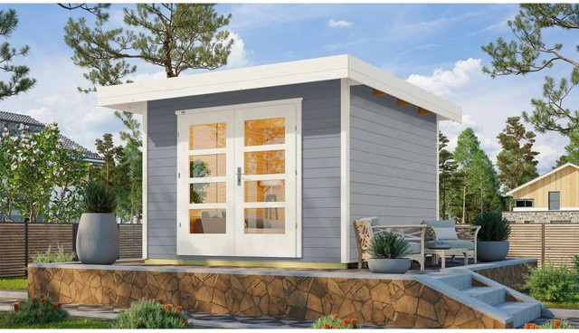 WEKA Gartenhaus 126 Gr.2 aus Holz in Grau mit Flachdach und Vordach B/H/T: 356 x 226 x 314 cm - Bild 1