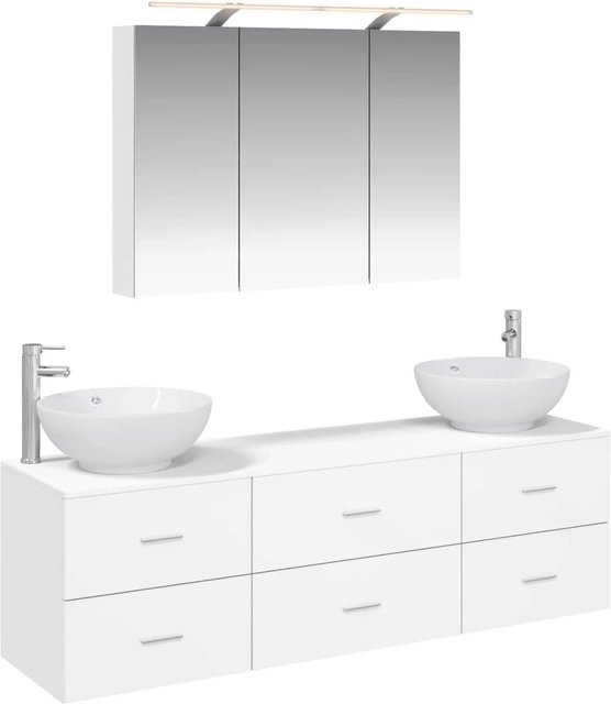 vidaXL Badezimmermöbel-Set 4-teilig in Weiß, modern mit Spiegelschrank, Wandschrank und Waschtischunterschrank aus Ingenieurholz und Glas mit LED-Beleuchtung - Bild 1