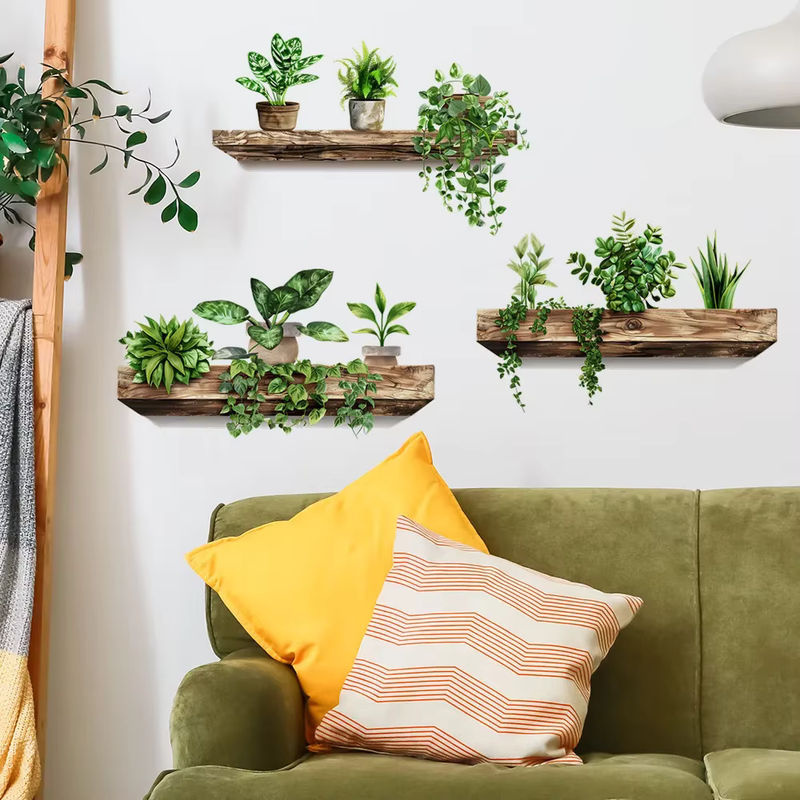 Selbstklebende Wandaufkleber für Topfpflanzen in Grün, abnehmbare DIY-Wandkunst im rustikalen Design - Bild 3