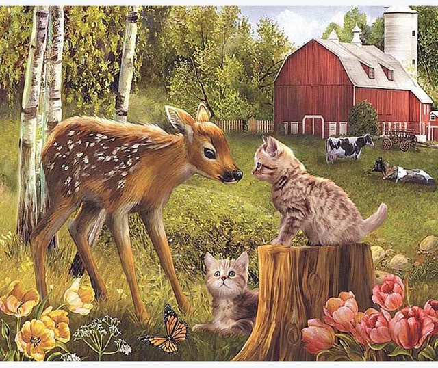 FIYO 5D DIY Diamant Malerei Kit Katze und Hirsch in Beige, Mosaik Stickerei mit runden Kristallen, B/H: 20 x 30 cm - Bild 1