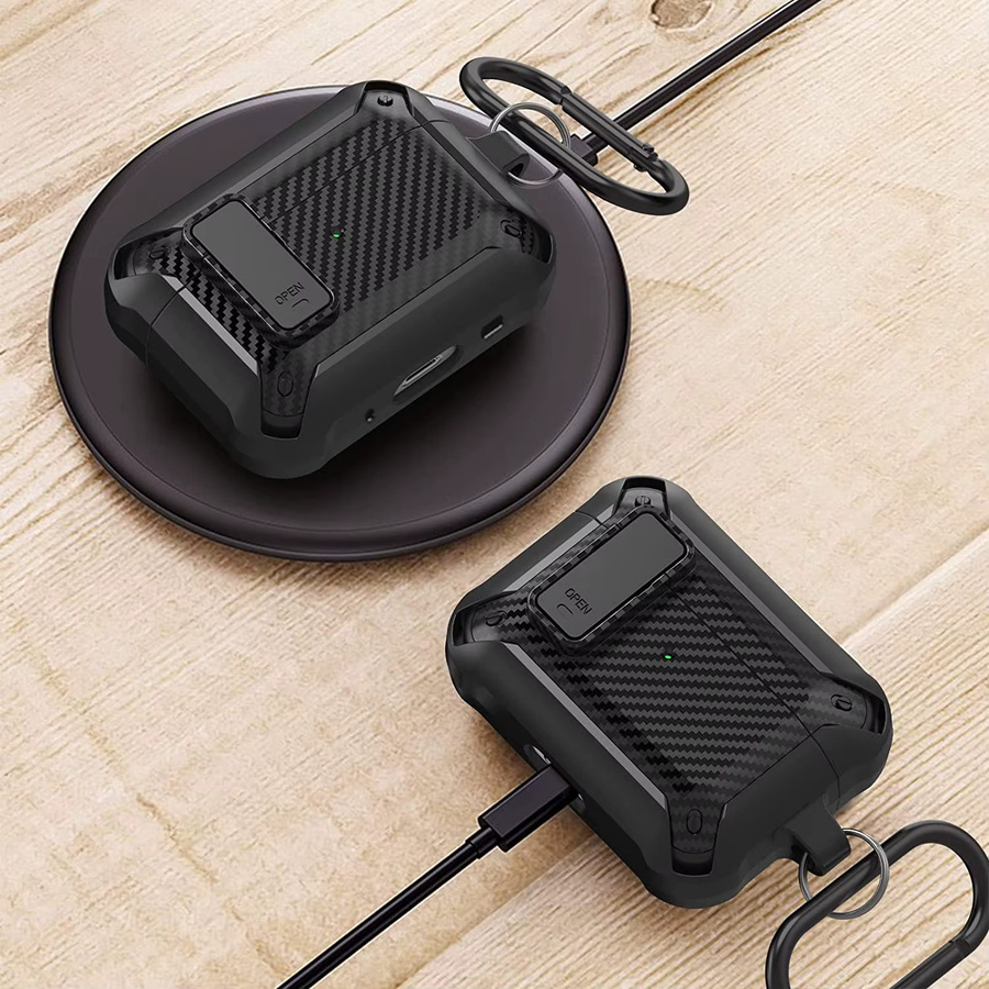 Carbon Fiber Hard Shell Case für AirPods Pro 2. Generation mit Secure Lock Clip und Schlüsselanhänger, Schwarz - Bild 4