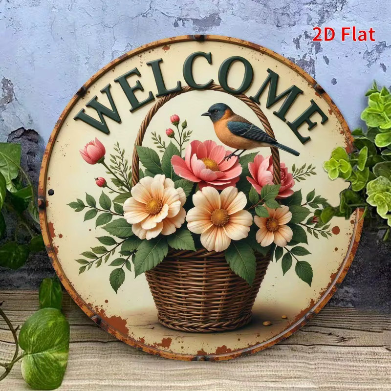 Rustikales Vintage-Willkommensschild von Potdemiel, runde Wanddekoration aus Metall mit Blumenkorb und Vogeldesign, Mehrfarbig, Durchmesser: 20,32 cm - Bild 4