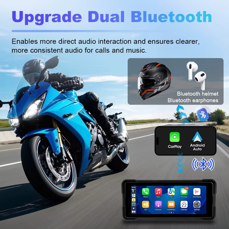 Jansite Tragbarer Motorrad-DVR mit 6,86 Zoll IPS-Bildschirm, GPS-Navigation, Wireless CarPlay und Android Auto, Bluetooth, IPX7 Wasserdicht, Schwarz - Bild 3