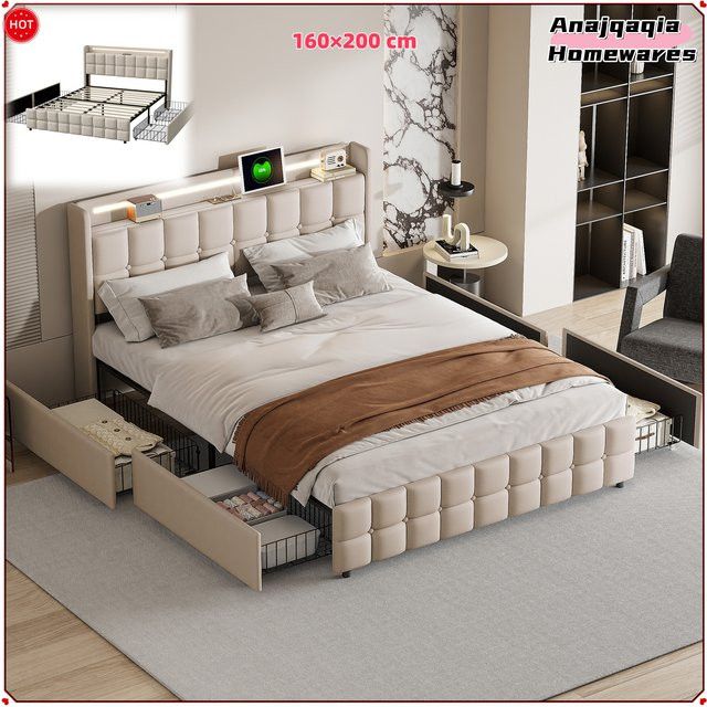 Anajqaqia Polsterbett Doppelbett mit Stauraum und 4 Schubladen, LED-Beleuchtung und USB-Ladeanschluss, Leinen, Beige, B/T/H: 160 x 200 cm - Bild 1