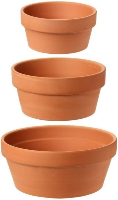 Set aus 3 flachen Terrakotta-Blumentöpfen aus Ton mit Drainageloch, Farbe: Braun - Bild 1