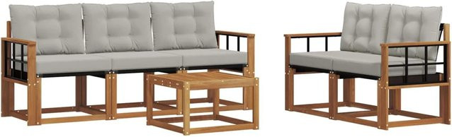 vidaXL Outdoor-Sofagarnitur 6-teilig aus Akazienholz und Textilene in Grau mit Kissen - Bild 1