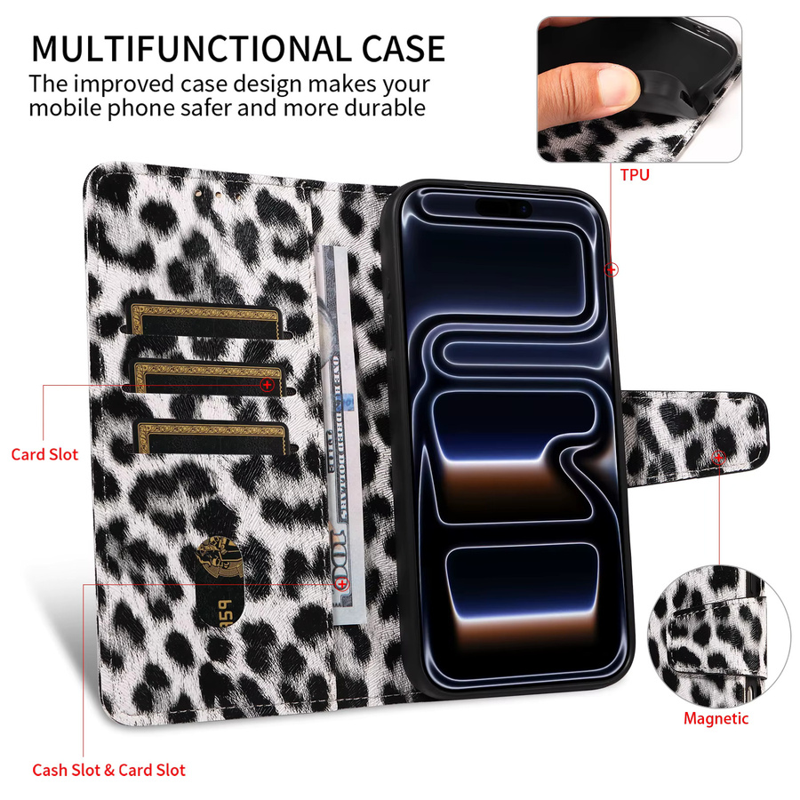 Stoßfeste Leder-Handyhülle mit Leopardenmuster für iPhone 11 bis iPhone 17 Pro Max Plus Mini in Multicolour und Purple - Bild 5