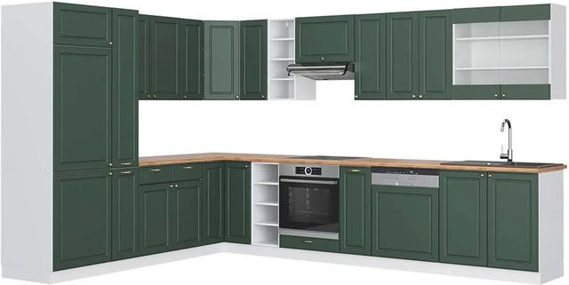 Vicco Fame-Line Eckküche im Landhausstil in Grün-Gold und Weiß mit Eiche-Optik, B/T/H: 347 x 257 x 82 cm - Bild 1