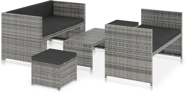vidaXL 5-tlg Garten-Lounge-Set aus Poly Rattan in Grau mit Auflagen und Polsterkissen - Bild 1