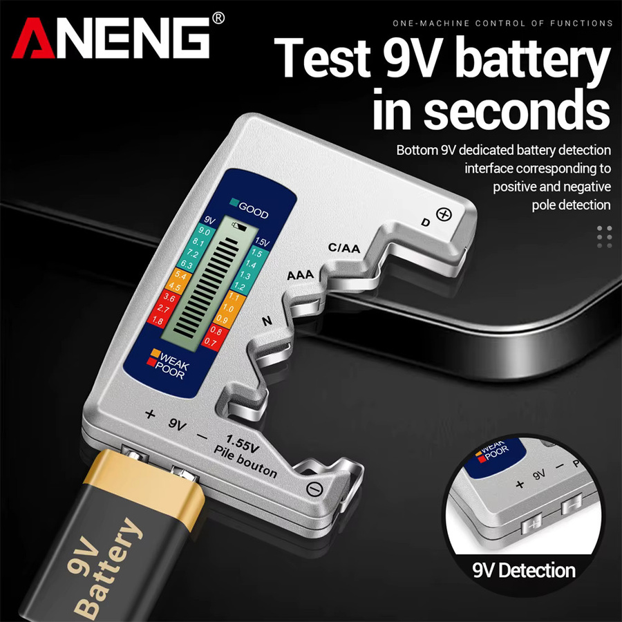 ANENG BT1688 Digitaler Batterietester mit LCD-Display zur Kapazitätskontrolle für AA, AAA, D, N, 9V und Knopfzellen in Silber - Bild 3
