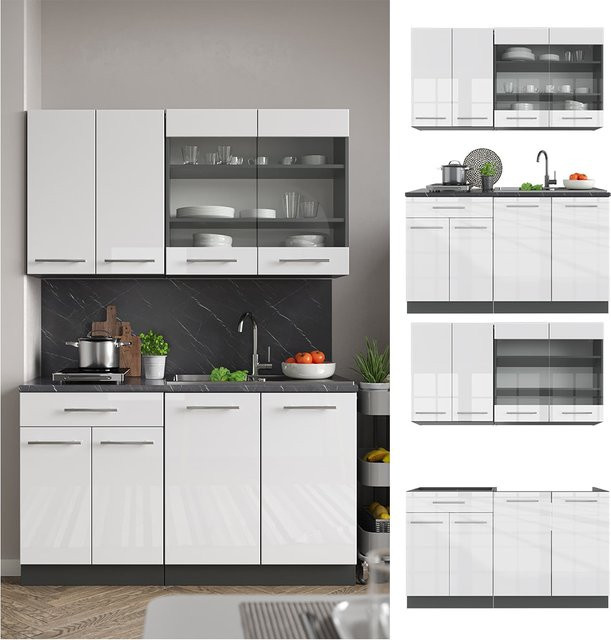 Vicco Küchenzeile Fame-Line Single Einbauküche in Weiß Hochglanz und Anthrazit, Breite: 140 cm - Bild 1