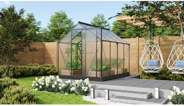 Vitavia Gewächshaus Triton 5000 Schwarz mit Polycarbonat 6 mm, Stahlfundamentrahmen, Dachfenster und Regenrinnen - Bild 1