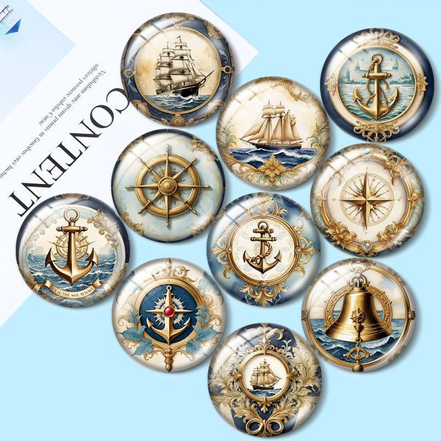 Fotoglas-Cabochon, Navigations- und Schiffsmuster, rund, 18 mm/20 mm/25 mm - Bild 1