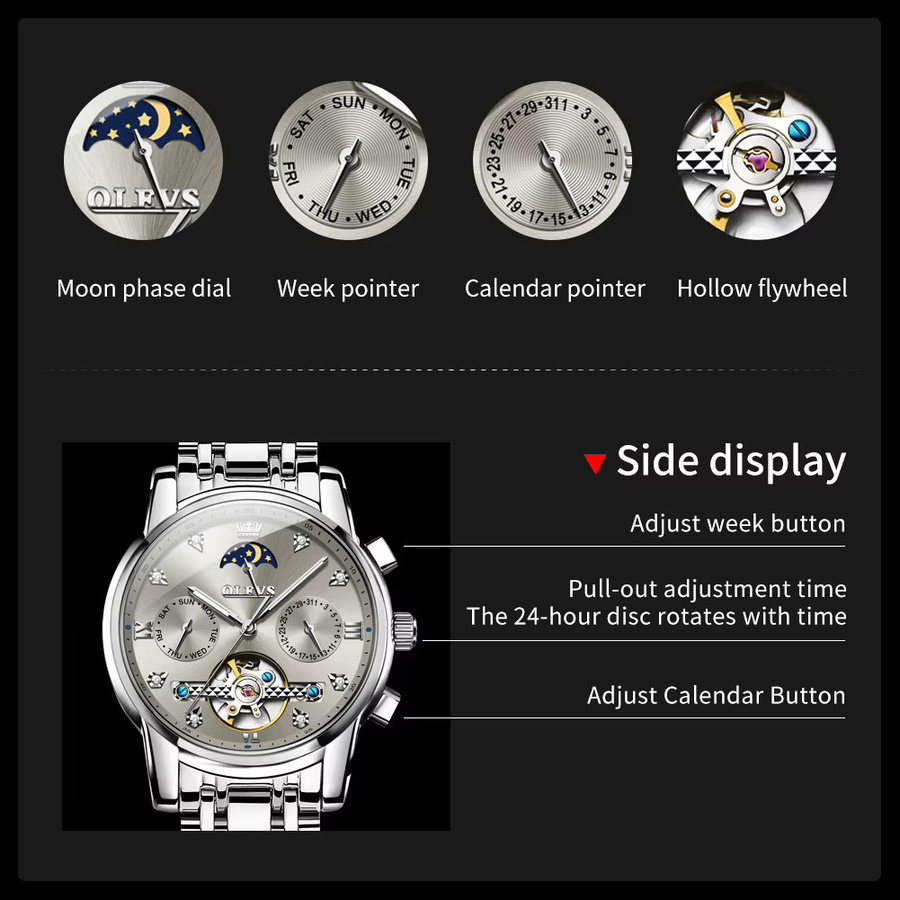 OLEVS Armbanduhr Automatik, Edelstahl, Schwarz, Mondphasen-Kalender, Herren - Bild 5