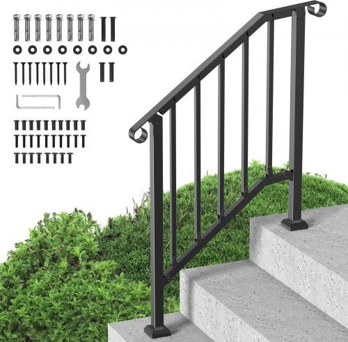 VEVOR Treppenhandlauf-Set für Außentreppen aus Karbonstahl in Schwarz mit Retro-Bogen-Design für 2–3 Stufen - Bild 1