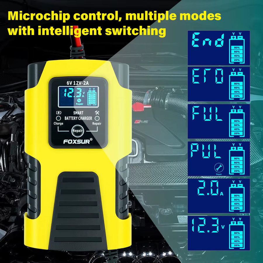 Automatisches Autobatterie-Ladegerät mit LCD-Anzeige und Impulsreparatur für Blei-Säure, GEL, AGM, Nass, Calcium und Deep Cycle VRLA Batterien, Gelb, 6V/12V 2A - Bild 3